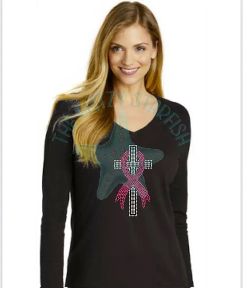 Cross With Awareness Ribbon Rhinestone Shirt