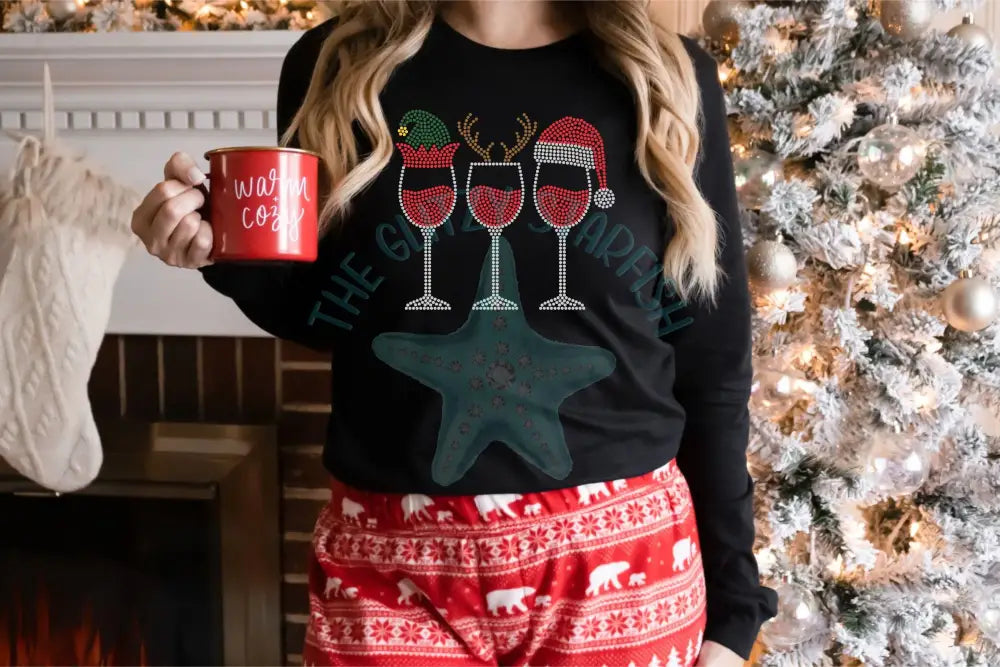Santa Elf Reindeer Wine Glasses Rhinestone Shirt