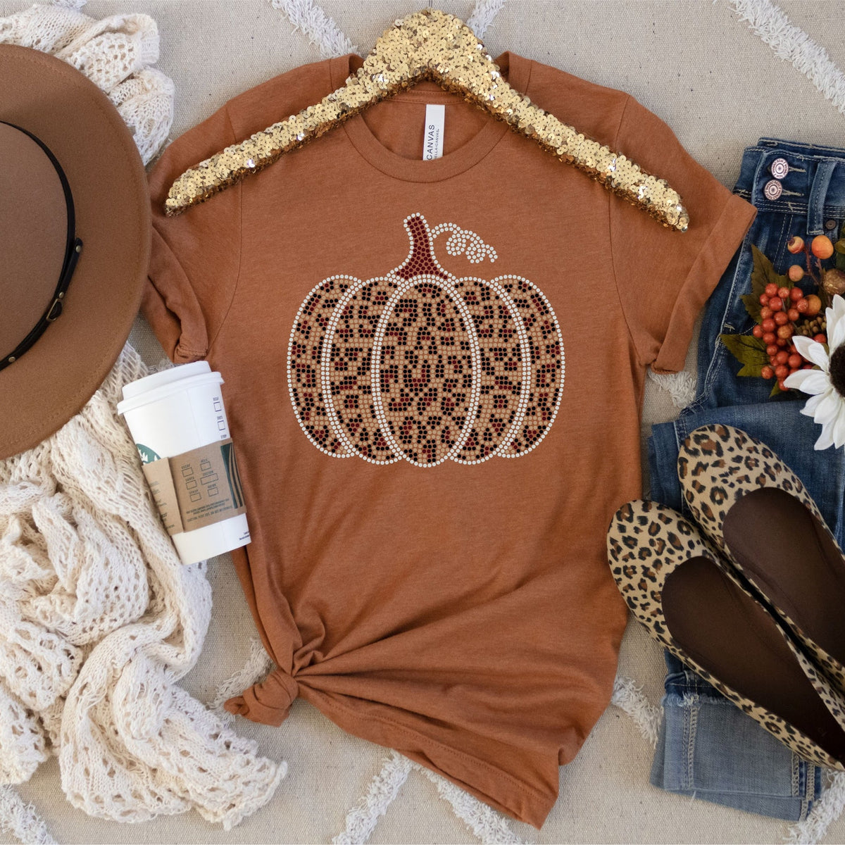 Full Leopard Rhinestone Pumpkin Shirt