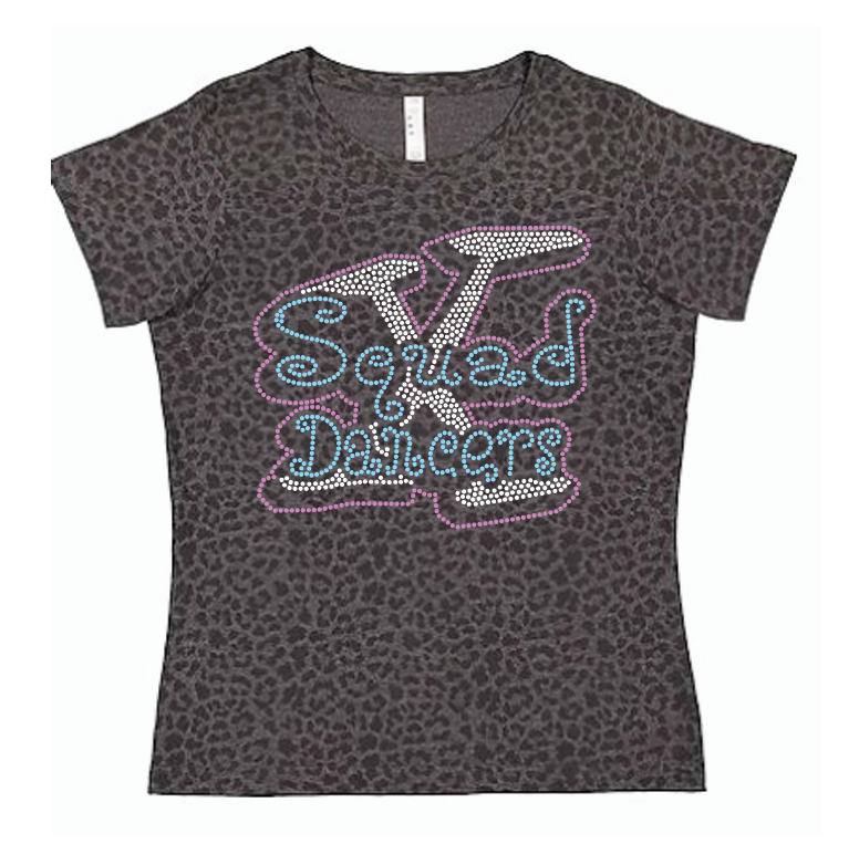 X SQUAD DANCERS GRAY LEOPARD CUSTOM RHINESTONE DESIGN LADIES SCOOP NECK TSHIRT