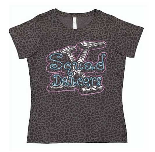 X SQUAD DANCERS GRAY LEOPARD CUSTOM RHINESTONE DESIGN LADIES SCOOP NECK TSHIRT