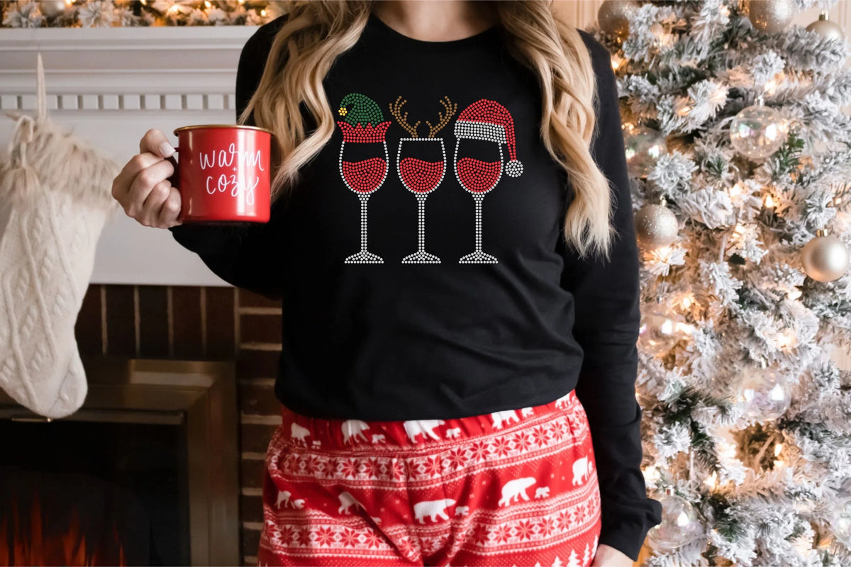 Santa Elf Reindeer Wine Glasses Rhinestone Shirt