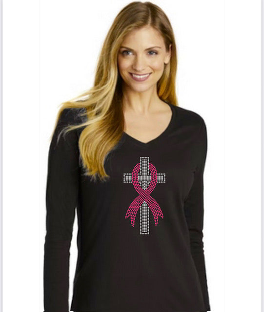 Cross With Awareness Ribbon Rhinestone Shirt
