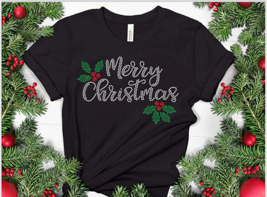 Merry Christmas Holly Rhinestone Shirt