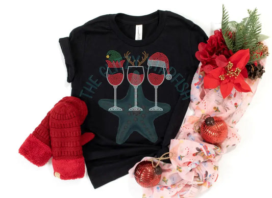 Santa Elf Reindeer Wine Glasses Rhinestone Shirt