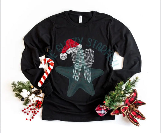 Tooth Molar With Santa Hat Rhinestone Shirt